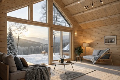 Unutrašnjost drvene montažne kuće zimi