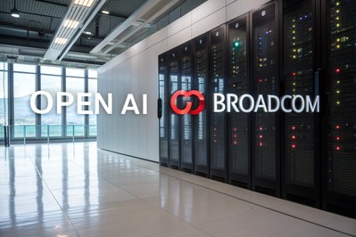 OpenAI i Broadcom logotipi na pozadini podatkovnog centra