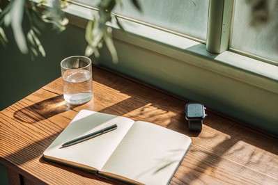 HRV wearable, journal, and timer on a desk