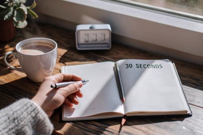 Handwriting a one-sentence intention beside a timer and coffee