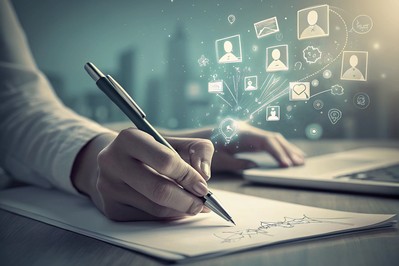 Ruka piše hook na papiru, LinkedIn feed u pozadini