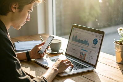 Osoba piše LinkedIn objavu na mobitelu i laptopu