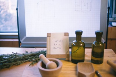 Whiteboard with tincture ratio math and pressing tools