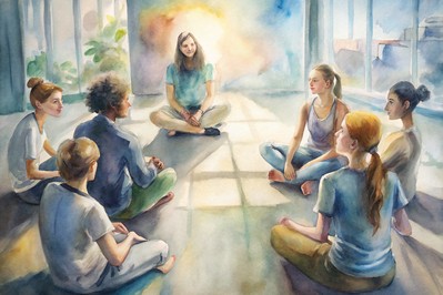 Teens facilitating a circle with mentors observing