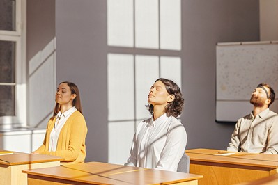 Professionals practicing brief mindfulness at desks