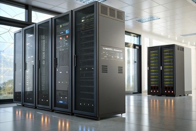 three 19-inch racks labeled quantum in a modern data center