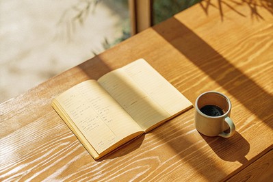 sunlight on open journal and coffee