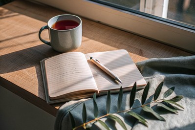 open journal pages with pen and tea