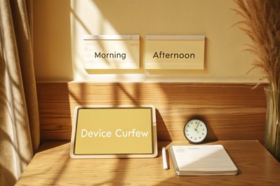 Annotated workday with focus blocks and evening device curfew