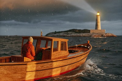 Lighthouse guiding a small boat through stormy waters