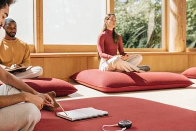Leader, athlete, and artist practicing mindful breathing with a stopwatch overlay