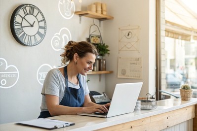 Mali poduzetnik gleda zidni sat, laptop s otvorenim e-mailom