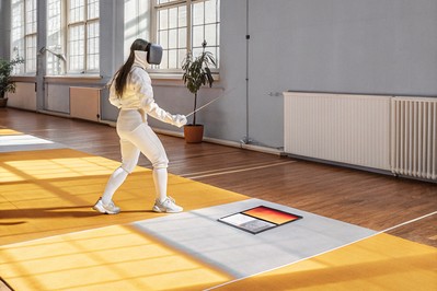 Fencer in VR drill with gaze heatmap and coach dashboard