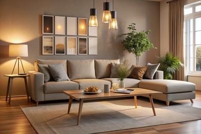 večernji dnevni boravak s toplom rasvjetom i stiliziranim stolićem