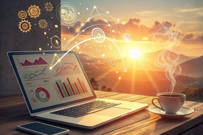 sunrise over laptop with analytics