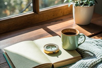 worn brass compass resting on an open journal beside a warm coffee mug at sunrise