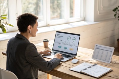 Vlasnik male firme otvara laptop dok se prikazuje jednostavan workflow
