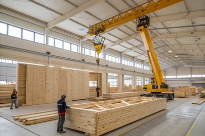 unutrašnjost pogona s drvenim panelima i kranom