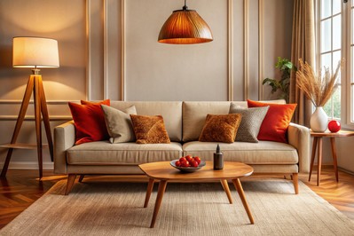 Topli dnevni boravak s crveno-narančastim akcentom i vintage lampom