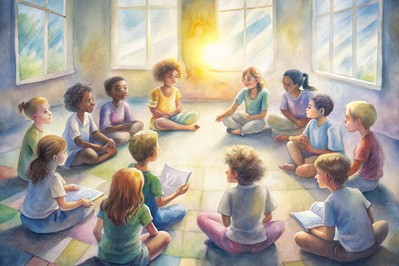 Students in a circle using emotion cards