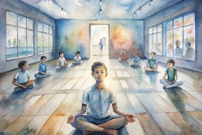 Student leading a quiet breathing practice in a school gym