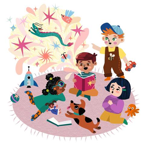 children_kids_playroom_play_book_books_library_reading_nursery_kindergarten_boy_girl_dragon_dog_pet_toys_fantasy_friends